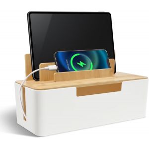 Bo&icirc;te de Rangement pour C&acirc;bles avec Couvercle en Bambou, Bo&icirc;te de Gestion des Cordon avec Support pour T&eacute;l&eacute;phone et Tablette, Bo&icirc;te Cacher C&acirc;bles Fil Multiprise, Blanc - Neuf