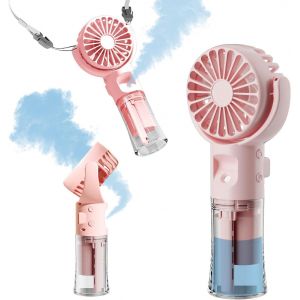 Ventilateur brumisateur portable à piles rechargeables, portable, 4 vitesses et 55 ml, ventilateur personnel pivotant à 360° pour voyage, camping, extérieur (rose) - Neuf