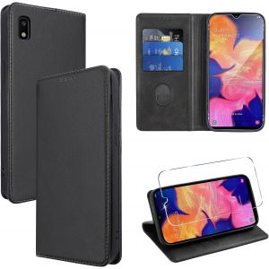 SJZG-Coque Cuir Pour Samsung Galaxy A10 6.2"" Avec 1 Verre Tremp&eacute; Etui &Agrave; Rabat En Pu Porte-Cartes Portefeuille Support Flip Housse Magn&eacute;tique Antichoc Anti-Rayures Case,Noir - Neuf