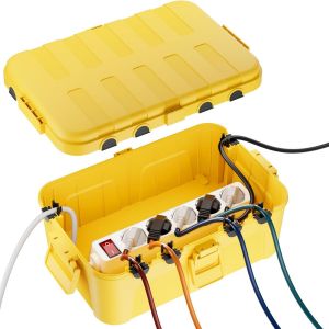 RESTMO Bo&icirc;te Protection &Eacute;tanche IP54 Extra Large (32x22x13cm) u2013 Pour Multiprise Ext&eacute;rieure, Org. C&acirc;bles (6 Entr&eacute;es/Sorties), R&eacute;sistante UV/Pluie/Gel (Couleur:Jaune) - Neuf