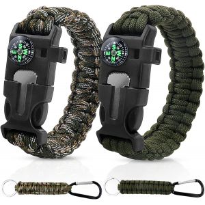 Ytfhg-2 Pcs Bracelet Survie, Multifonctionnel Bracelet Paracorde Avec Boussole+Allume-Feu+Sifflet+Couteau D'urgence+Lumière Led Et 2 Pcs Mousquetons, Pour Randonneur, Baroudeur, Explorateurs - Neuf