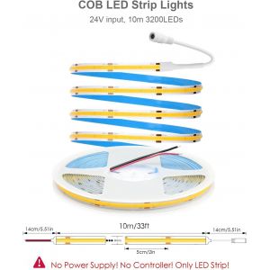 Bande Led Cob 24 V 3000 K Bande Lumineuse Led 10 M Blanc Chaud Autocollant 320 Led/M Non Étanche Ip30 Pour Éclairage Intérieur Diy Décoration De La Maison (Sans Alimentation Ni Variateur) - Neuf