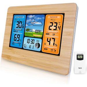 ChenQuanSarl-Station Météo Numérique Sans Fil Avec Capteur Extérieur, Thermomètre Intérieur Et Extérieur Avec Temps, Température, Humidité, Baromètre, Réveil (Bois Updates) - Neuf