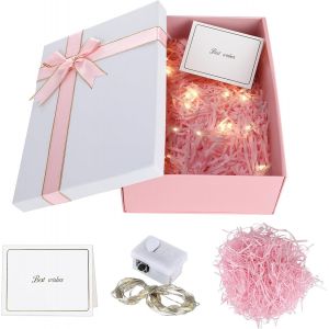 Trahoo-Coffret Cadeau Avec Couvercle, 25 X 18 X 8,5 Cm, Emballage Cadeau Avec Ruban, Coffret Cadeau D'anniversaire, Avec Raphia, Cartes De V?ux, Lumi&egrave;re, Bo&icirc;te Cadeau Pour Mariage, Saint-Valentin (Ro - Neuf