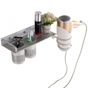 Mega-Deal Aluminium Support Mural de Sèche-Cheveux Antirouille Étagère avec 2 Tasses Titulaires pour Brosse à Dents - Neuf