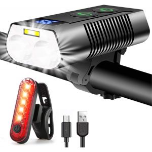 Éclairage De Vélo Ultra-Lumineux, Éclairage De Vélo Avec Feu Antibrouillard Et Indicateur De Puissance, Éclairage Avant Et Arrière Rechargeable Par Usb, Éclairage Led Puissant - Neuf
