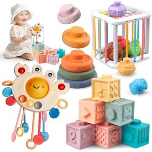 KALANKA-Jouet Montessori Bebe 4 en 1 - Corde à Tirer Jouets Sensoriels, Cube Souples a Empiler, Bébé Anneaux à Empiler, Cube Montessori Bebe - Jouets D'éducation Précoce, Cadeaux pour Bébés - Neuf