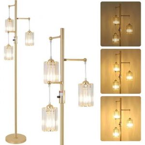 Lampadaire Moderne Or 3 Ampoules - Abat-Jour Verre & Cristal, Éclairage Élégant Pour Salon, Chambre & Chambre D'enfant. - Neuf