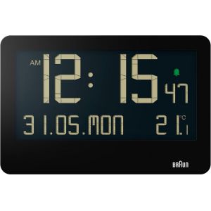 Braun Horloge Murale numérique avec température intérieure, Date, Jour de la Semaine, Grand écran LCD inversé, réglage Rapide, Alarme sonore en Noir, modèle BC14B. - Neuf