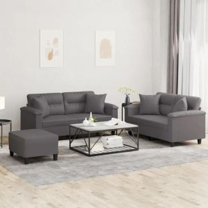 Prolenta Premium - Ensemble De Canapés 3 Pcs Avec Coussins Gris Similicuir - Neuf