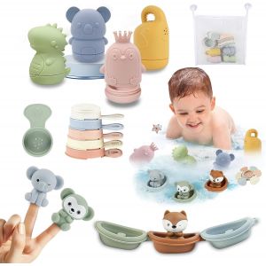 ERYI-Jouet Bain Bébé, Lot De 16 Jouets De Bain Aspergeurs En Silicone, Jeux De Bain Bebe Animaux, Jouets Pour Plage Ou Plein Air, Jouets Empilables Enfant Jeux Educatif 1 2 3 Ans, Idéal Cadeaux Pour - Neuf