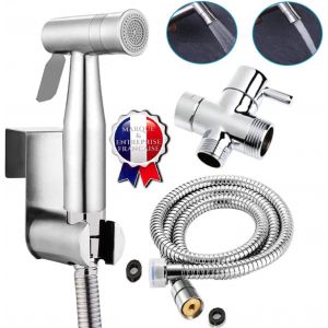 Marque Fran&ccedil;aise SUS 304 Double Jet Standard Fran&ccedil;ais (3/8") Kit douchette WC pour l'hygi&egrave;ne intime avec Vanne 3 voies M&eacute;tallique Finition Nickel Bross&eacute; Taharet Taharat - Neuf