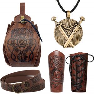 Cauc-V&ecirc;tements Viking, 6 Pcs Deguisement Medieval Homme Femme, Prot&egrave;ge Bras Tir &Agrave; L'arc, Brassards M&eacute;di&eacute;vaux, Ceinture M&eacute;di&eacute;vale Pour Femmes, D&eacute;co Viking Pour Halloween Cosplay Costume Viking - Neuf