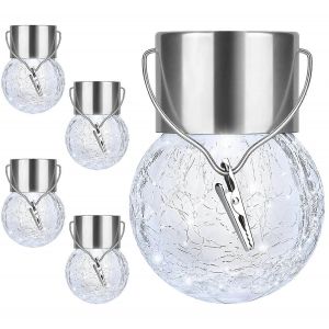 Pack de 4 lampes suspendues solaires extérieures,boules de verre craquelées étanches à énergie solaire suspendues lumière d'arbre - Neuf