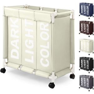 CHECARZHN--NO1-Panier À Linge Triple Avec Roulettes 90L Sac À Linge 3 Compartiments En Tissu Oxford Avec Couvercle Corbeilles À Linge Avec Roulettes Multifonction Panier De Rangement(Beige O2) - Neuf