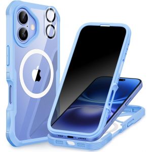 CAUC-Magn&eacute;tique Anti Espion Coque iPhone 16, Compatible avec MagSafe int&eacute;gr&eacute; Verre Tremp&eacute; Protection &eacute;cran et Protecteur Cam&eacute;ra, Antichoc T&eacute;l&eacute;phone Housse Double Face Case Int&eacute;grale Etui -Bleu - Neuf