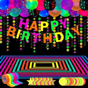 Lot de 52 d&iquest;&iquest;corations de f&iquest;&ordm;te fluorescentes avec articles r&iquest;&iquest;actifs &iquest;&iquest; la lumi&iquest;&iquest;re noire, banni&iquest;&iquest;re fluorescente, guirlandes de lumi&iquest;&iquest;re noire, ballons phosphorescents, ruban lumineux - Neuf