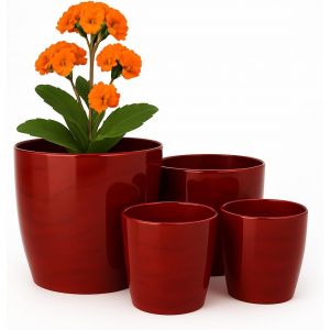 ERYI-Lot De 4 Pots De Fleurs D'Intérieur - Diamètre : 12/14/16/18 Cm - Pot De Fleurs En Plastique - Marbre Rouge - Pots De Fleurs Durables À L'Extérieur Avec Surface Brillante (Marbre Rouge) - Neuf