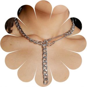 Kal-Punk Curb Chain Y Collier Chaîne Cubaine Y Lariat Collier Ras Du Cou Chunky Chaîne Épaisse Collier Argent Goupille De Sûreté Collier Chaîne Bijoux Pour Femmes Et Filles Amour Cadeaux - Neuf