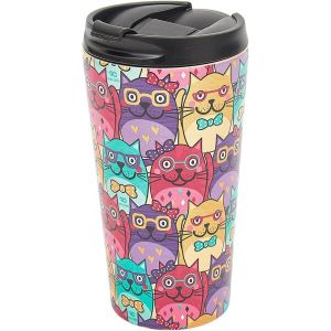 Tianyi-Tasse À Café Thermique Réutilisable | Tasse De Voyage Isotherme En Acier Inoxydable Avec Couvercle Anti-Fuite | Utilisable Pour Boissons Chaudes Et Froides (Chats Avec Lunettes Multicolore) - Neuf