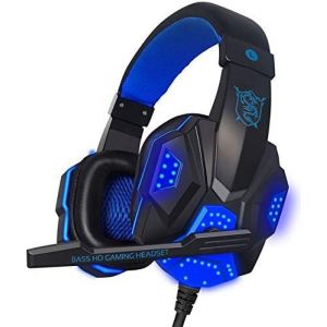 JKUM-Casque De Gaming Filaire Gaming Casque &Eacute;couteur Avec Micro Casque Antibruit Over-Ear En Cuir Synth&eacute;tique Pour Pc,Ordinateur Portable,Ps4,Tablette,Smartphone,Tv Noir/Bleu - Neuf