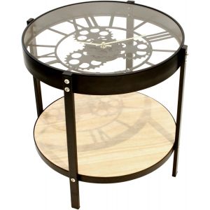 Ulteronixshop-HD6446 Table Basse d'Appoint Ronde avec Horloge - M&eacute;tal et Verre - Petit Mod&egrave;le - Fonctionne avec Pile AA - Dimensions 40,5 x 40,5 x 39 cm - Couleur Noir et Transparent - Neuf
