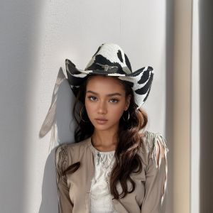 Chapeau Cowboy Imprime Vache Pour Hommes Femmes, Chapeau Western Paille Avec Bandeau Metal Taureau Unique Noir Et Blanc Pour Fetes De Celibataire - Neuf