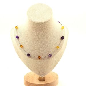Collier Perles Ambre V&eacute;ritable De La Mer Baltique + Am&eacute;thyste Du Taille Personnalisable. - Neuf