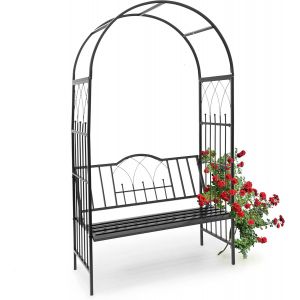 Mevronisshop-10020032 Arche &Agrave; Rosiers Avec Banc Colonne De Jardin Arceau De Plantes Grimpantes Ob&eacute;lisque Pour Roses Avec Assise Pour 2 Personnes-H X L X P: 203 X 114,5 X 59 Cm- Noir - Neuf