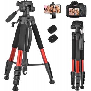 Trépied pour appareil photo 188 cm de haut pour appareil photo Canon, Nikon, Sony ¿ Trépied en aluminium léger avec tête amovible, support de téléphone (orange) - Neuf