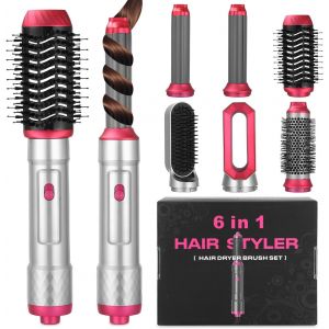 6 En 1 Air Styler,Brosse À Air Chaud Avec 1000w Seche Cheveux,Fer À Friser,Brosse Lissante Chauffante,Brosse Coiffante,3 Températures Pour Toutes Les Coiffures Lisser, Boucler, Sécher - Neuf
