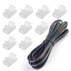 Lot De 10 Connecteurs Led &Agrave; 4 Broches Pour Bande Lumineuse Led Rvb 5050 De 10 Mm, &Eacute;tanche Et Non &Eacute;tanche, Avec C&acirc;ble D'extension De 5 M, Connexion Rapide De Bande &Agrave; Fil Sans D&eacute;nudage - Neuf