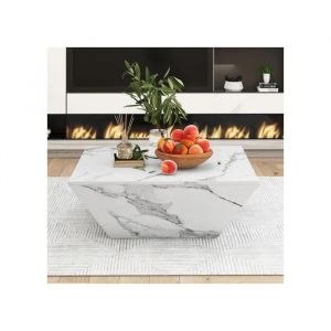 Table Basse Moderne Tambour, Table Basse Trap&eacute;zo&iuml;dale En Marbre Blanc Plaqu&eacute;, Table De Salon 70*70*37cm - Neuf