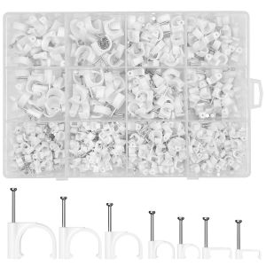 MEVRONISSHOP-500 x Attache C&acirc;ble Ronde+ 200 x Clips C&acirc;ble Carr&eacute;s, Cavalier Cables Electrique, Clip de Fixation, Pinces &agrave; Clous, Agrafes Support Crochets avec Clou en Acier, 4mm/5mm/6mm/8mm/10mm, Blan - Neuf