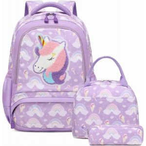 Cartable Fille Licorne Sac à Dos Primaire Sac à Dos Fille Broderie Licorne Sets Sacs Scolaires Cartable Enfant Fille CE1 CE2 + Isotherme Panier Repas + Trousse - Neuf