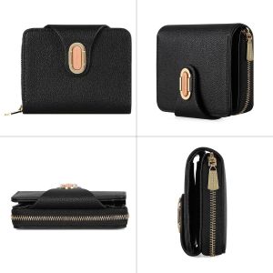 CAUC-Porte Monnaie Femme Cuir PU, Portefeuille Femme Petit avec Grand Compartiment &agrave; Pi&egrave;ces &agrave; Fermeture &Eacute;clair, Portefeuilles et Porte-Cartes avec Bouton-Pression M&eacute;tallique, Noir - Neuf