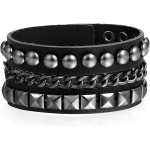 Kal-Large Baracelet Manchette Bracelet Réglable Homme Motard Punk Rock Gothique Rivets Chaîne Alliage Cuir Couleur Noir Brun Fantaisie Cadeaux Anniversaire Carnival - Neuf