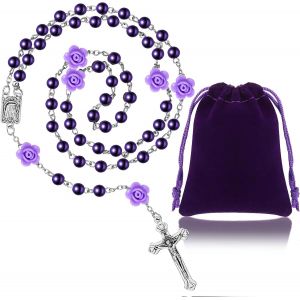 Chapelet Catholique De Première Communion Avec Sac En Velours Collier De Rosaire Avec Croix Médaille Perles Violettes Chapelet De Prière Avec Perles De Fleurs Cadeaux Religieux Saints Chrétiens - Neuf