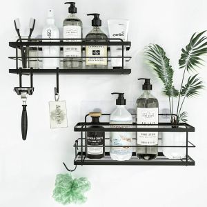 Etagère de Rangement de Douche Lot de 2-Panier Salle de Bain sans Perçage-Étagère Murale Noire de Rangement pour Douche & Baignoire avec Crochets pour Accessoires (Noir) - Neuf