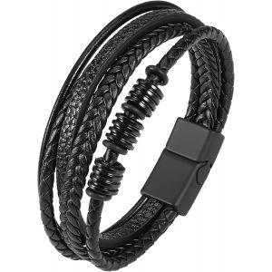 Eryi-Bracelet Cuir Homme, 21cm Tissé Cuirs Bracelets Avec Acier Inoxydable Fermeture, Homme Cuir Véritable Bracelet For Cadeau Papa, Cadeau Saint Valentin, Avec Boîte Cadeau, Noir - Neuf