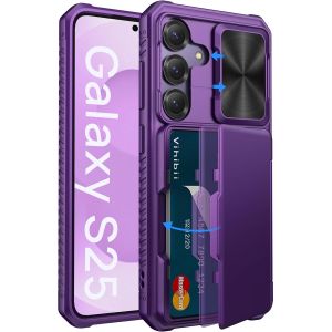 CAUC-pour Samsung Galaxy S25 Coque avec Range Carte & RFID Blocage & Cache Objectif, Bord en Silicone Militaire Antichoc Rigide Bumper Portefeuille pour Samsung Galaxy S25 6,2"" 5G, Violet Foncé - Neuf