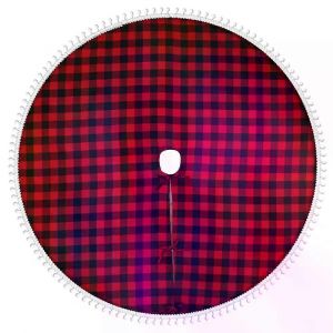 Jupe de sapin de No&euml;l &agrave; carreaux rouges et noirs avec bordure de boules de neige pour d&eacute;corations de No&euml;l - Jupe double &eacute;paisseur - Neuf