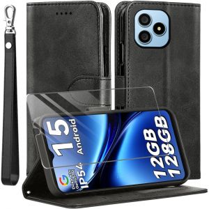 JGD-Coque pour Blackview Wave 9C,avec Verre tremp&eacute; Protection &eacute;cran,Antichoc TPU Housse en Cuir PU Portefeuille Etui [B&eacute;quille] [Fentes pour Cartes],Flip Case pour Blackview Wave 9C- Noir - Neuf