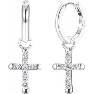 Boucles D'oreilles Forme De Croix Argent Sterling 925 Pour Femmes Hommes Boucles D'oreilles En Cz Boucles D'oreilles Forme De Croix Avec Paillettes 18 Carats Or/Argent.[X1767] - Neuf