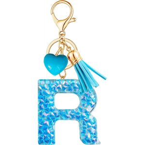 KAL-Porte-Cl&eacute;s Bleu Avec Lettre Porte-Cl&eacute;s Fille Initiale Cadeau Femmes Porte-Cl&eacute;s Coeur D&eacute;corer Pour Sac Sac &Agrave; Dos Porte-Clef Gland Or Porte-Clef Femme A-Z - Neuf