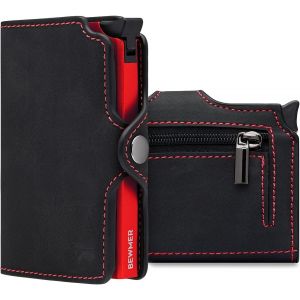 Porte-Cartes de crédit 1 Fermeture éclair blindé | Portefeuille Slim pour Homme et Femme | Porte-Cartes et Documents avec Protection RFID et Pince à Billets en Fibre de Carbone (Noir et Rouge - Neuf