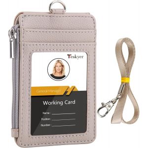 KALANKA-Porte Badge tour de Cou, Portefeuilles de Carte de Crédit Minces, Porte Carte avec Poche à Glissière, 1 Fenêtre d`Identification, peut Contenir Jusqu`à 4 Cartes, Cuir PU, Beige - Neuf