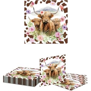 Kal-20 Serviettes Highland Cow Brun Imprimé Vache Décorations De Fête D'anniversaire Serviettes En Papier Jetables - Neuf