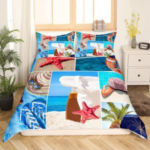 Housse De Couette Nautique Homewish Pour Enfants Et Adolescents, Parure De Lit Double, Motif Ancre De Bateau, Voile, Gouvernail, Housse De Couette Blanche À Rayures Bl - Neuf