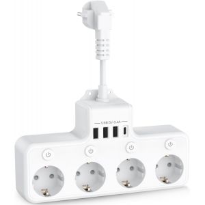 8 en 1 Multiprise USB 4 Prises avec 4 Ports USB Chargeur de Voyage (5V/3A,5V/2.4A) Multi Prise Multiple Electrique 3680W 16A avec 4 Interrupteur Individuel Multiple pour Maison, Bureau-Blanc - Neuf